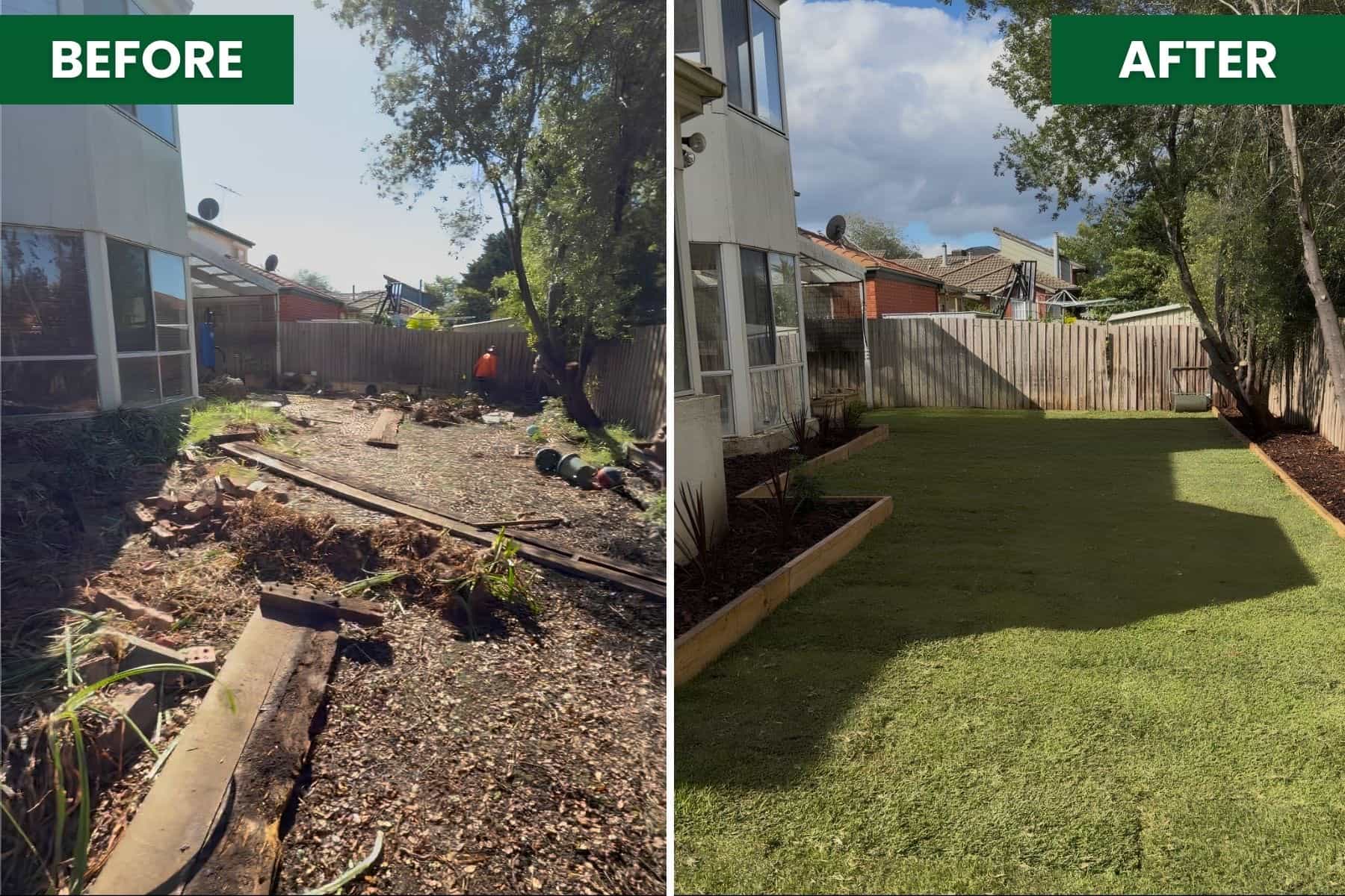 Before and after backyard landscaping in Hillside, transforming a bare and overgrown yard into a finished lawn with edged garden beds