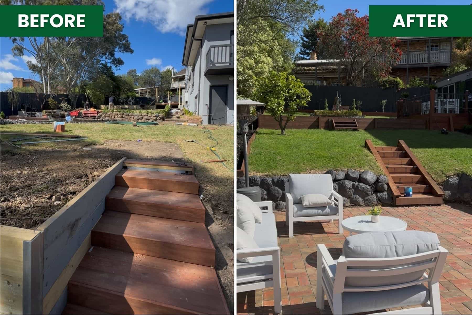 Before and after backyard renovation in Doncaster with new timber steps, retaining walls, lawn and landscaped garden areas