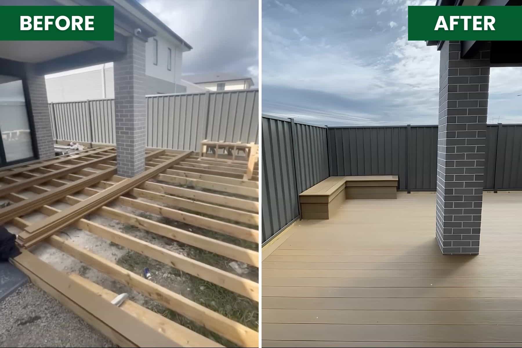 Before and after backyard decking installation in Caroline Springs, showing the timber subframe replaced with a finished deck and built-in corner seating