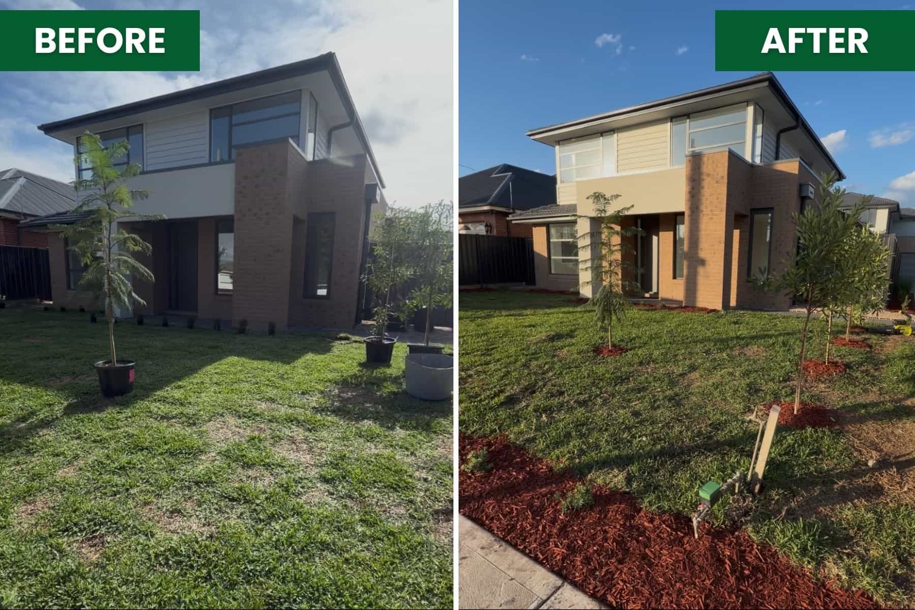 Before and after front yard landscaping in Pascoe Vale with new tree planting, lawn and red mulch garden beds