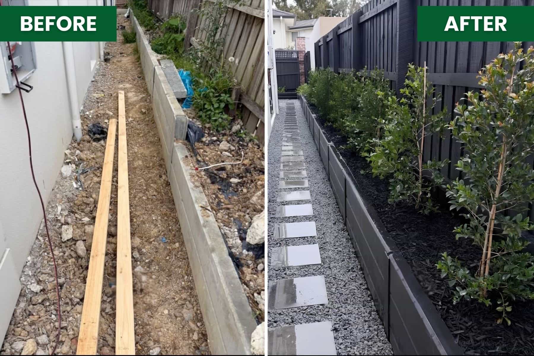 Before and after transformation of a Brighton side yard into a landscaped gravel path with stepping stones, raised garden beds and new planting