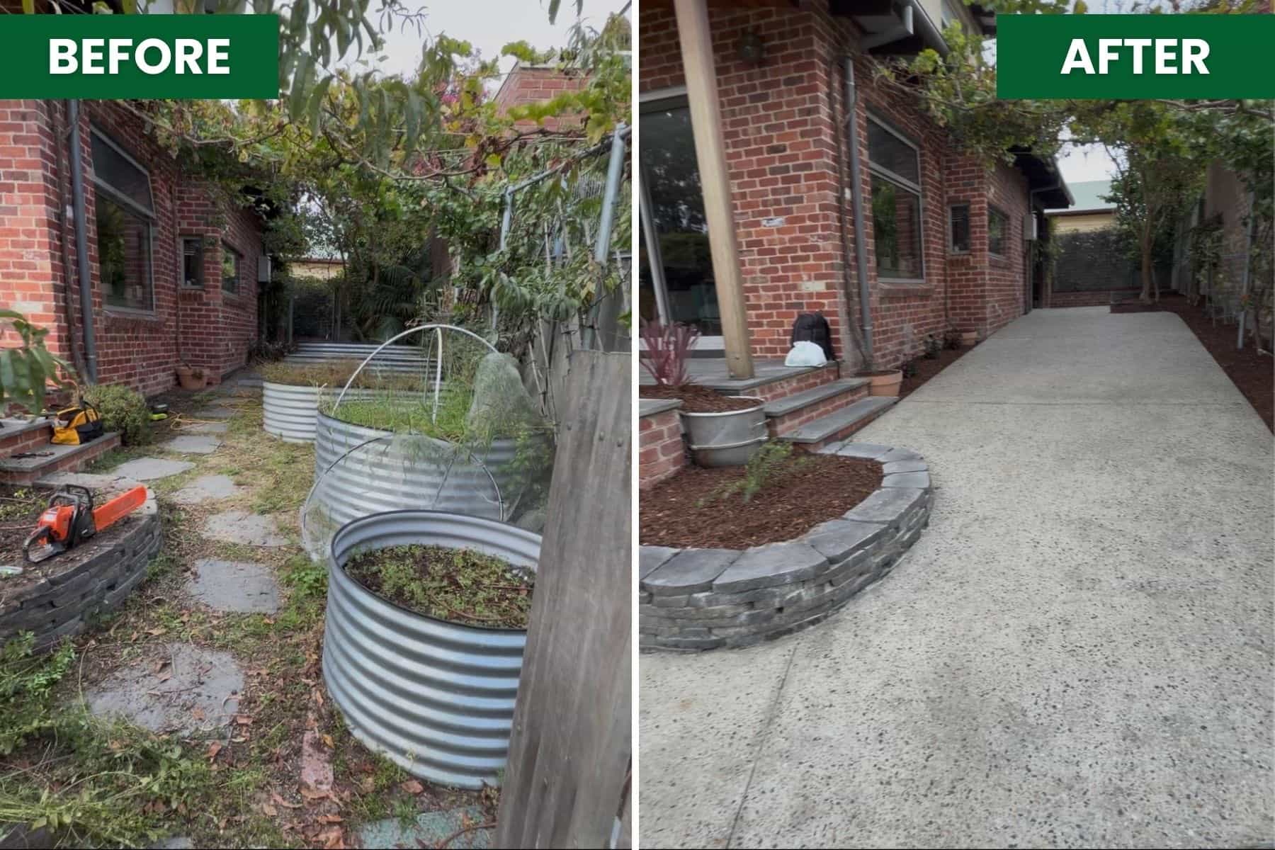 Before and after side yard landscaping in Templestowe Lower, replacing an overgrown path with exposed aggregate concrete and refreshed garden beds