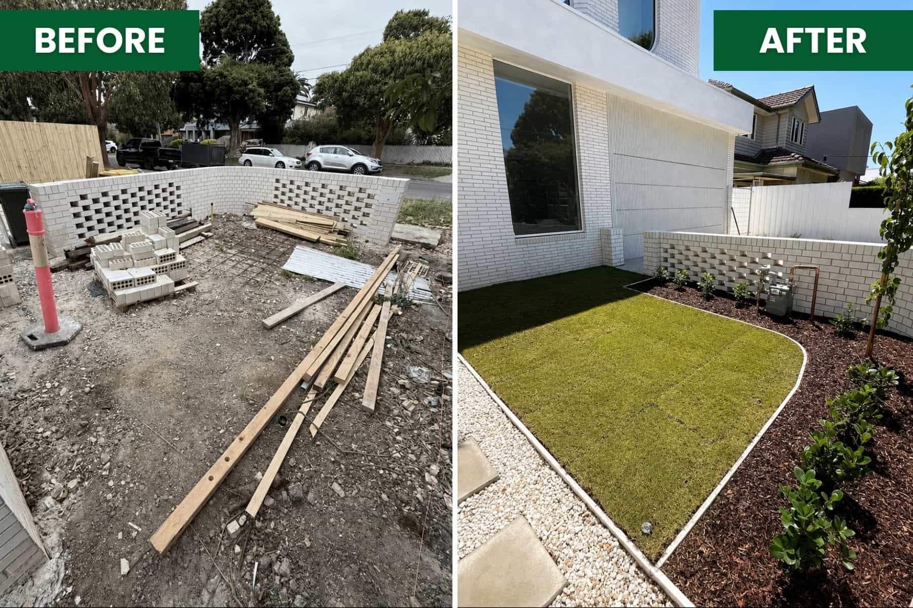 Before and after front yard landscaping in Essendon with new lawn, planted garden beds, white stone and stepping-stone paths