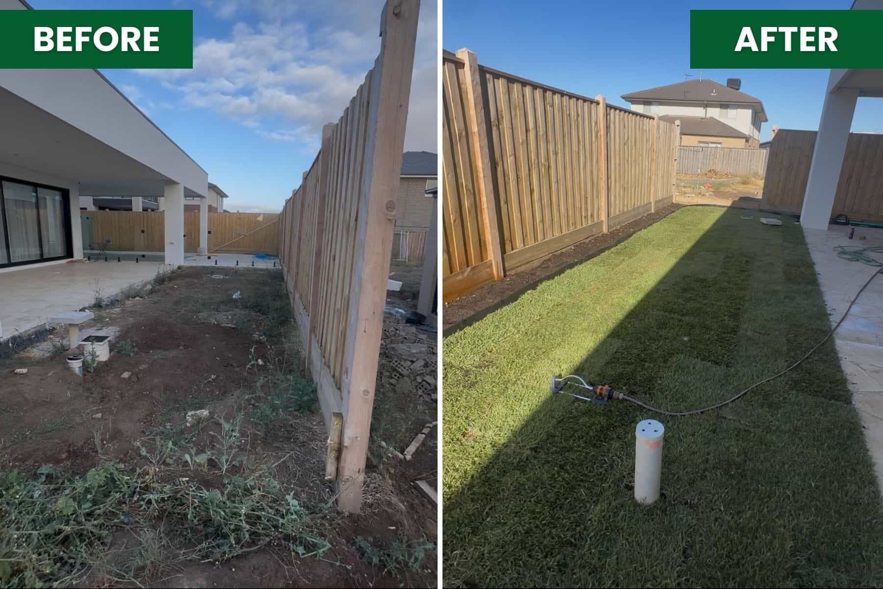 Before and after turf installation in Mickleham, transforming a bare backyard into a newly laid green lawn